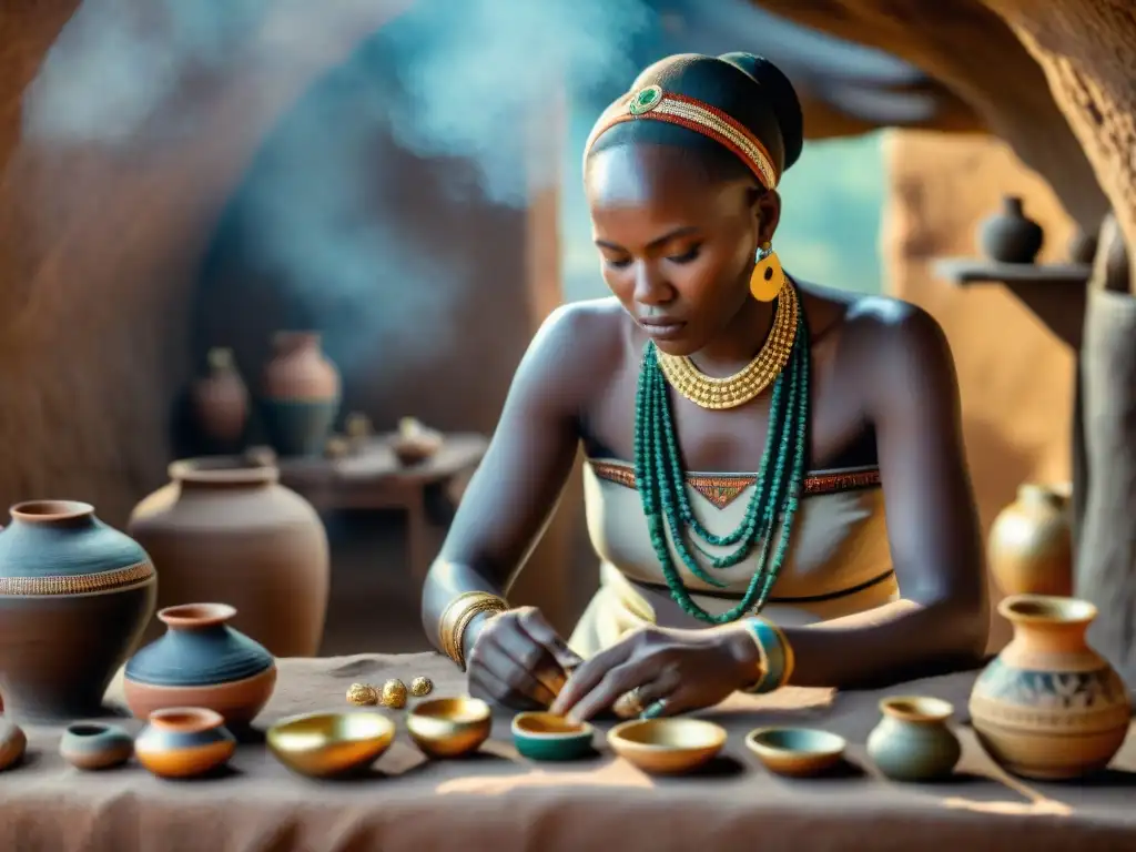 Artesanos de Mapungubwe creando joyas y cerámica en sur África, reflejando sus orígenes culturales