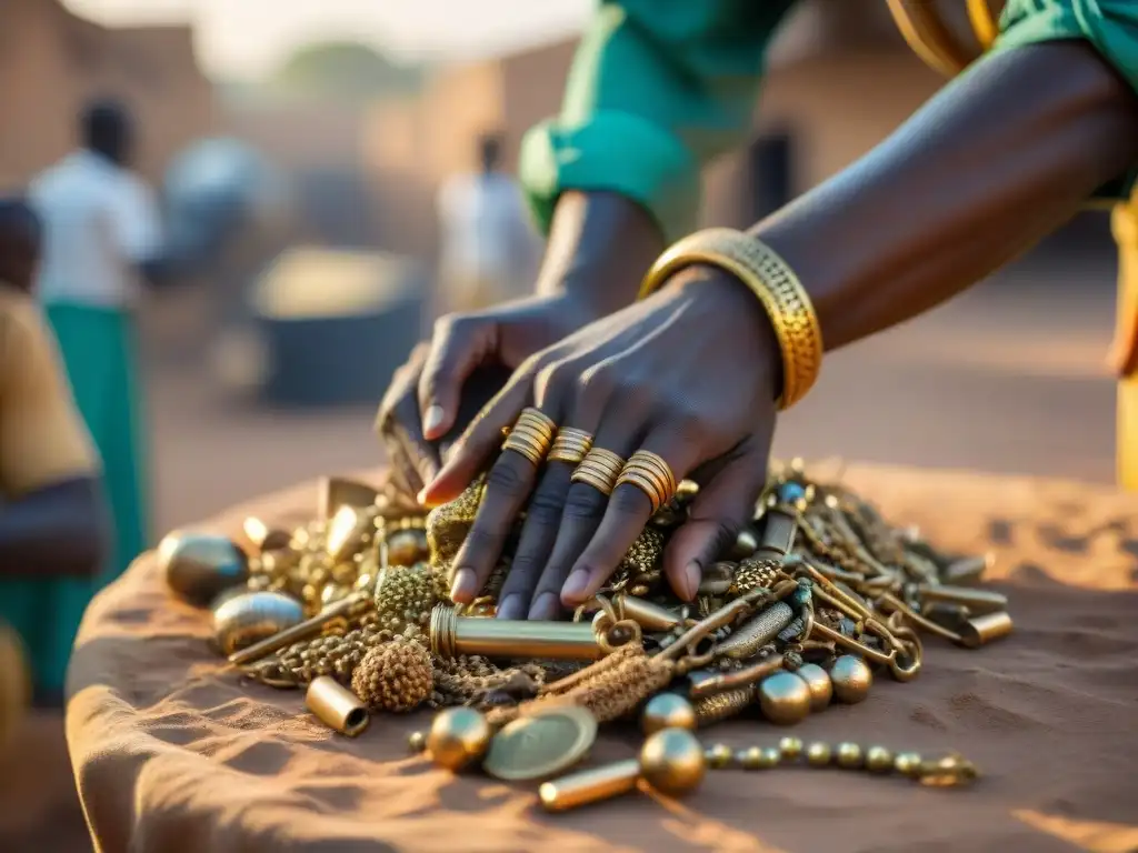 Artesanos malienses reciclando metales en mercado, fusionando arte y sostenibilidad en civilizaciones africanas