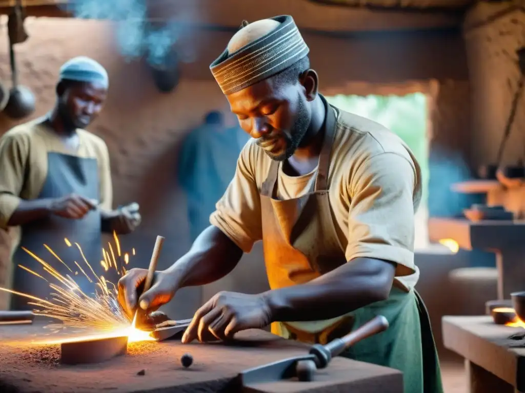 Artesanos de Mali forjando metal con destreza en un taller tradicional iluminado por el sol