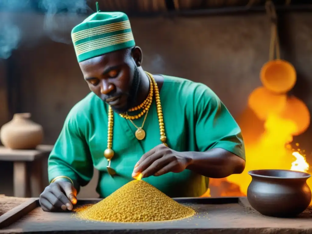 Artesanos en Ghana practican la metalurgia del oro con destreza, creando joyas de forma meticulosa bajo la luz de un horno ardiente