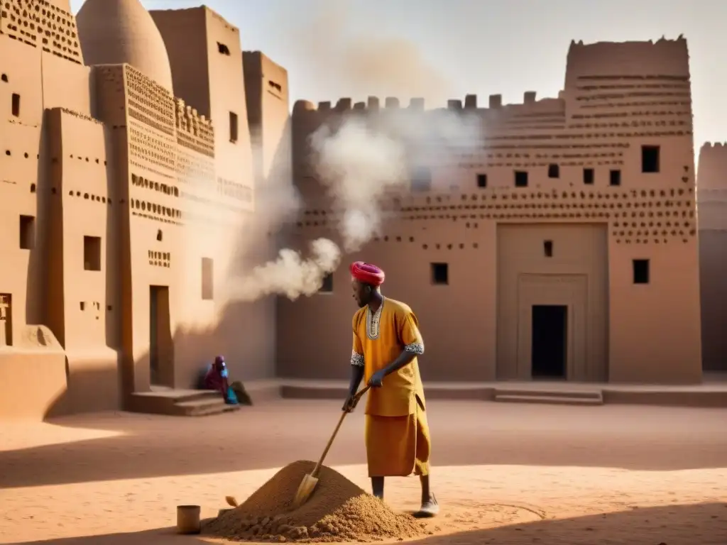 Artesanos en Djenné construyendo una mezquita de barro bajo el sol abrasador, fusionando técnicas antiguas con ingenio moderno