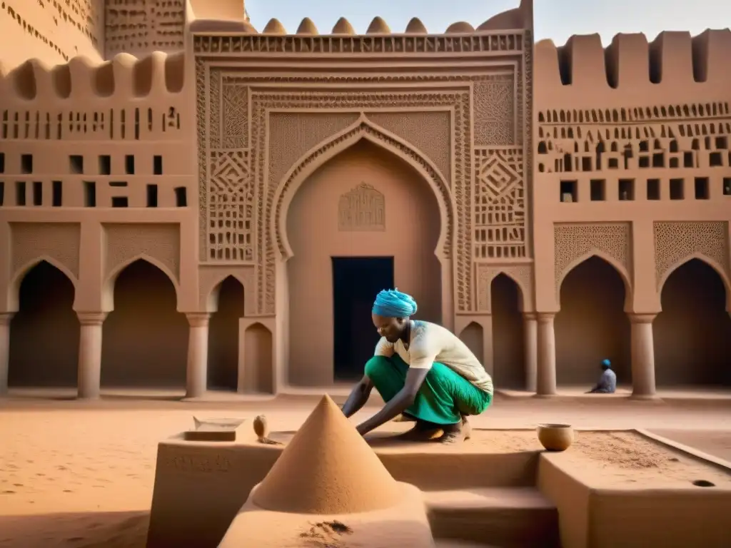 Artesanos en Djenné construyendo una mezquita de barro, siguiendo técnicas tradicionales bajo el sol abrasador