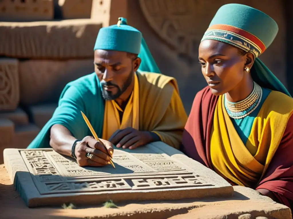 Artesanos en el Reino de Axum crean símbolos en tablillas de piedra, rodeados de ruinas y vestidos con atuendos tradicionales, bajo el sol