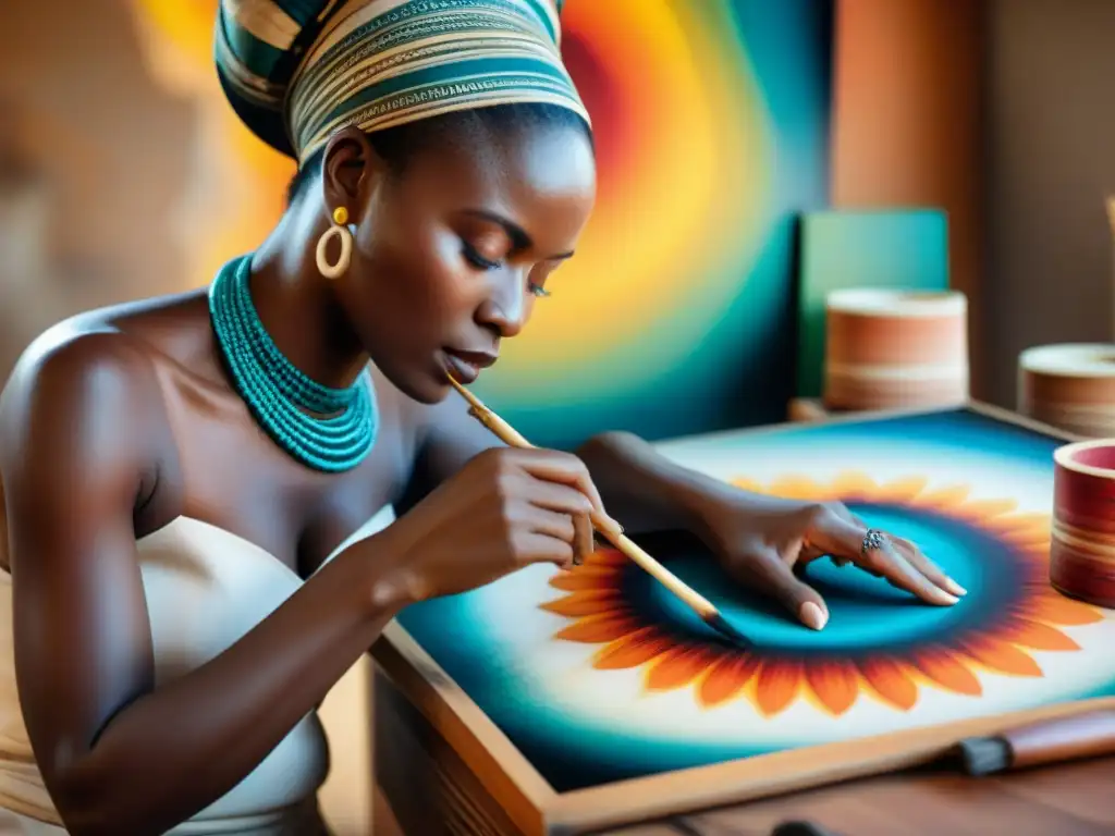 Maestría femenina: manos que dan vida a la cultura africana Una artista africana dedicada y creativa pintando con destreza, mostrando la importancia de las mujeres en el arte africano