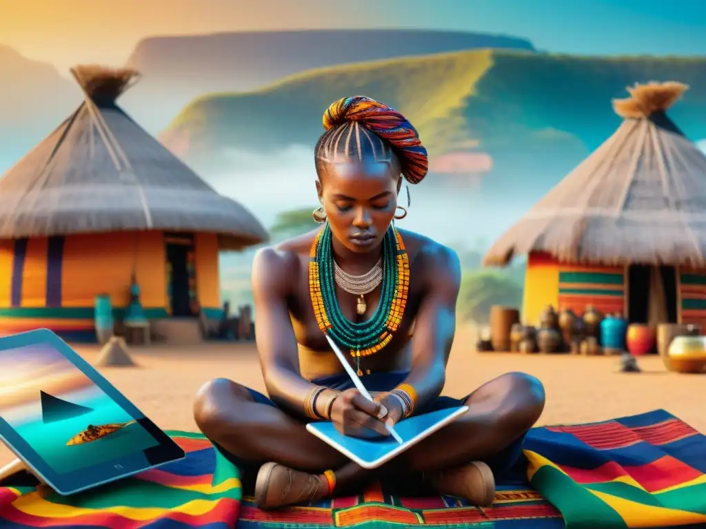 Un artista africano contemporáneo mezcla arte digital y tradicional en un vibrante escenario africano