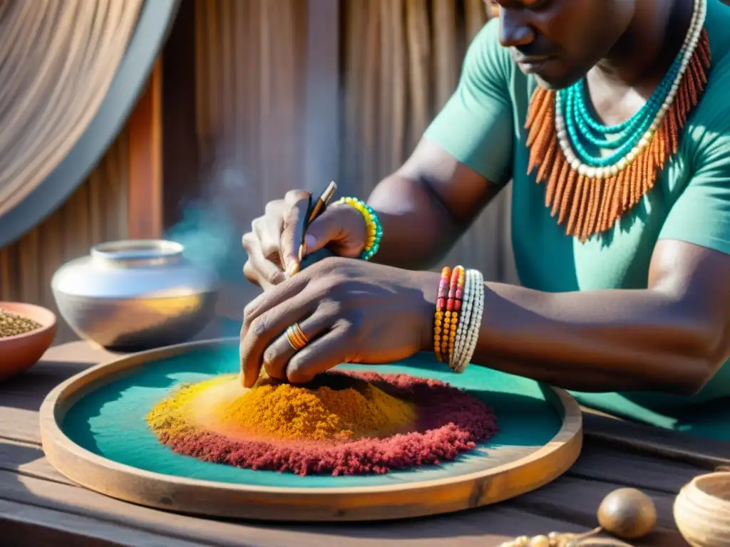 Un artista africano mezcla colores con significado en una paleta rodeado de elementos naturales, bañado por cálida luz