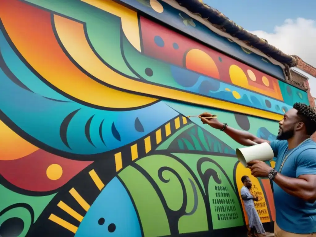 Un artista africano contemporáneo reinterpretando el arte religioso africano con modernidad en un vibrante mural de la ciudad