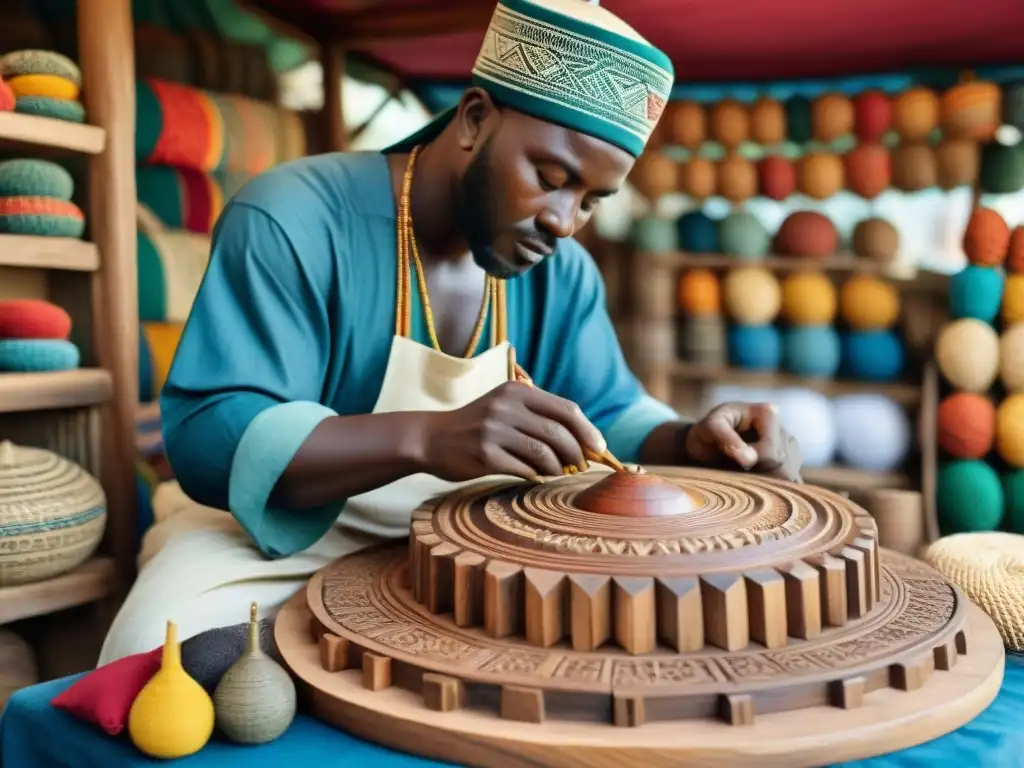 Artista africano tallando escultura con detalle, rodeado de textiles vibrantes y mercado local bullicioso