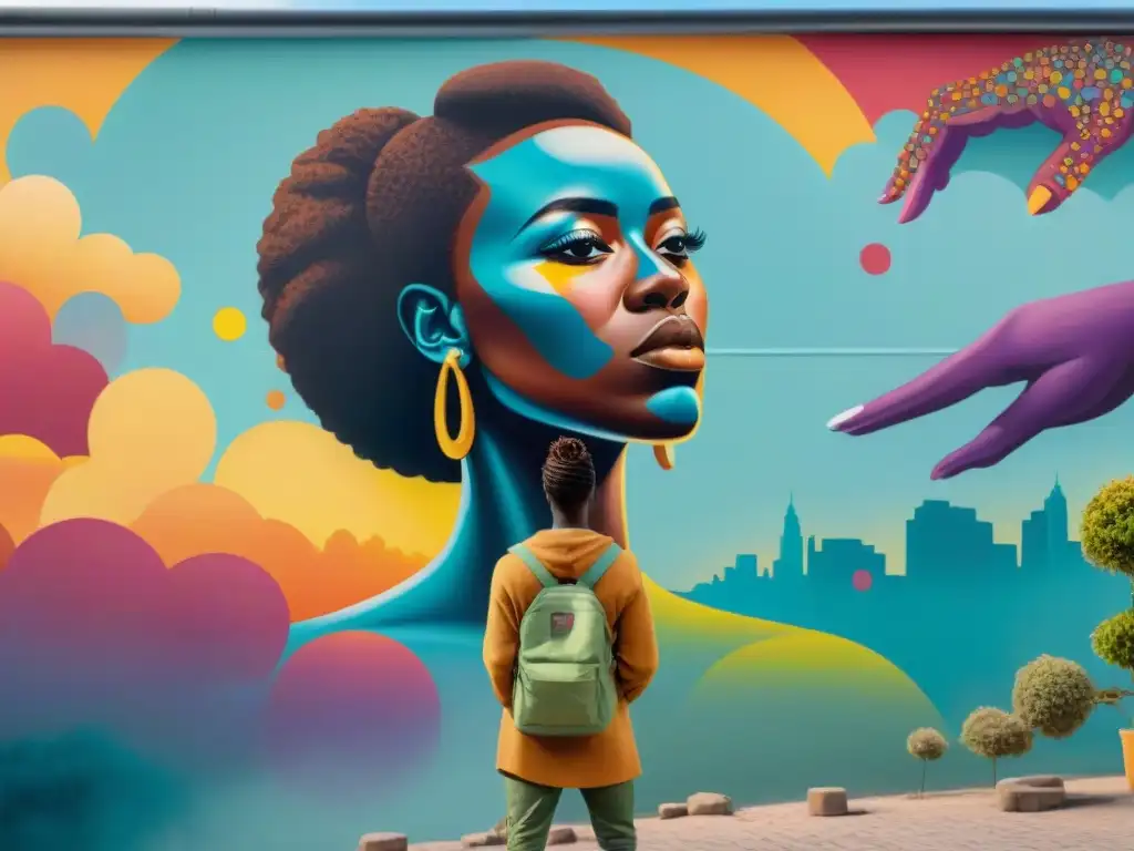 Un artista africano inmerso en crear un mural vibrante, rodeado de admiradores