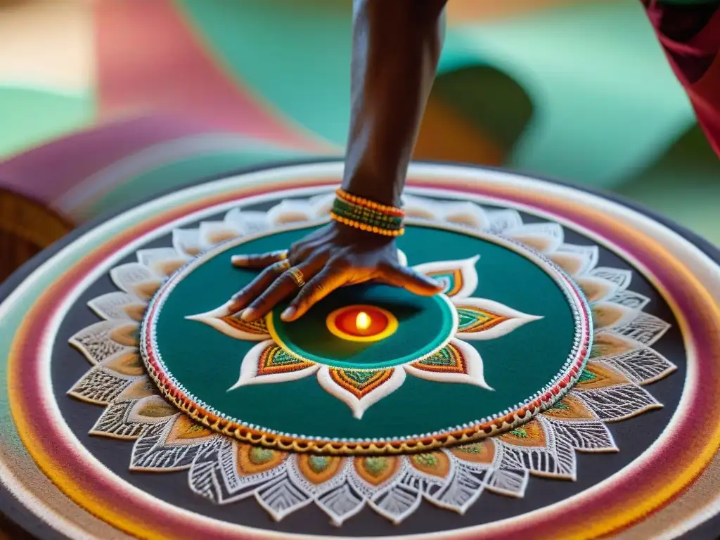 Un artista africano crea un mandala de arena, mostrando la cosmovisión del tiempo en África