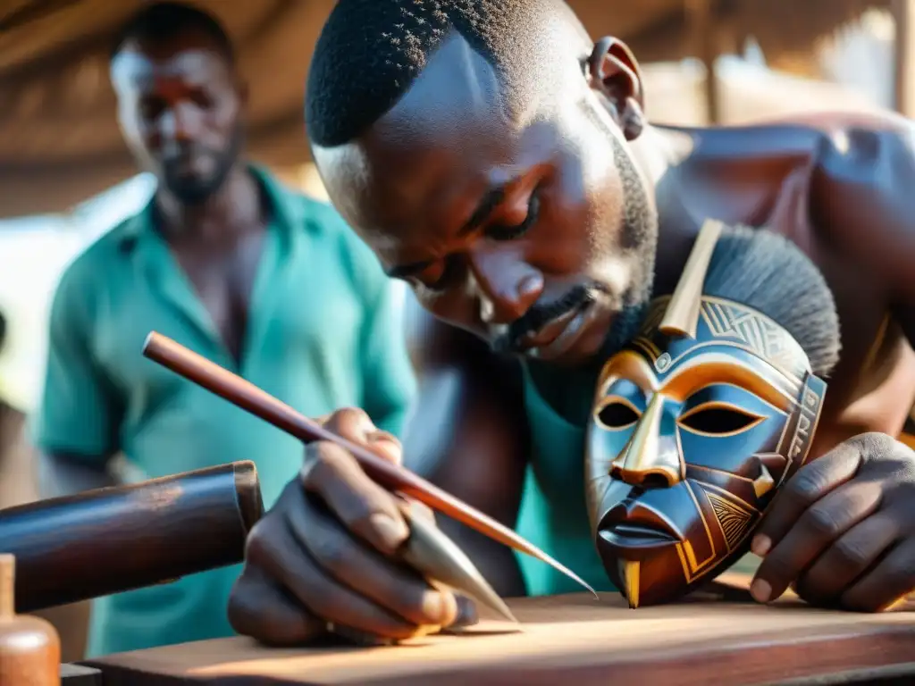 Artista africano tallando máscara de madera mahogany con gran destreza, resaltando significado máscaras arte africano