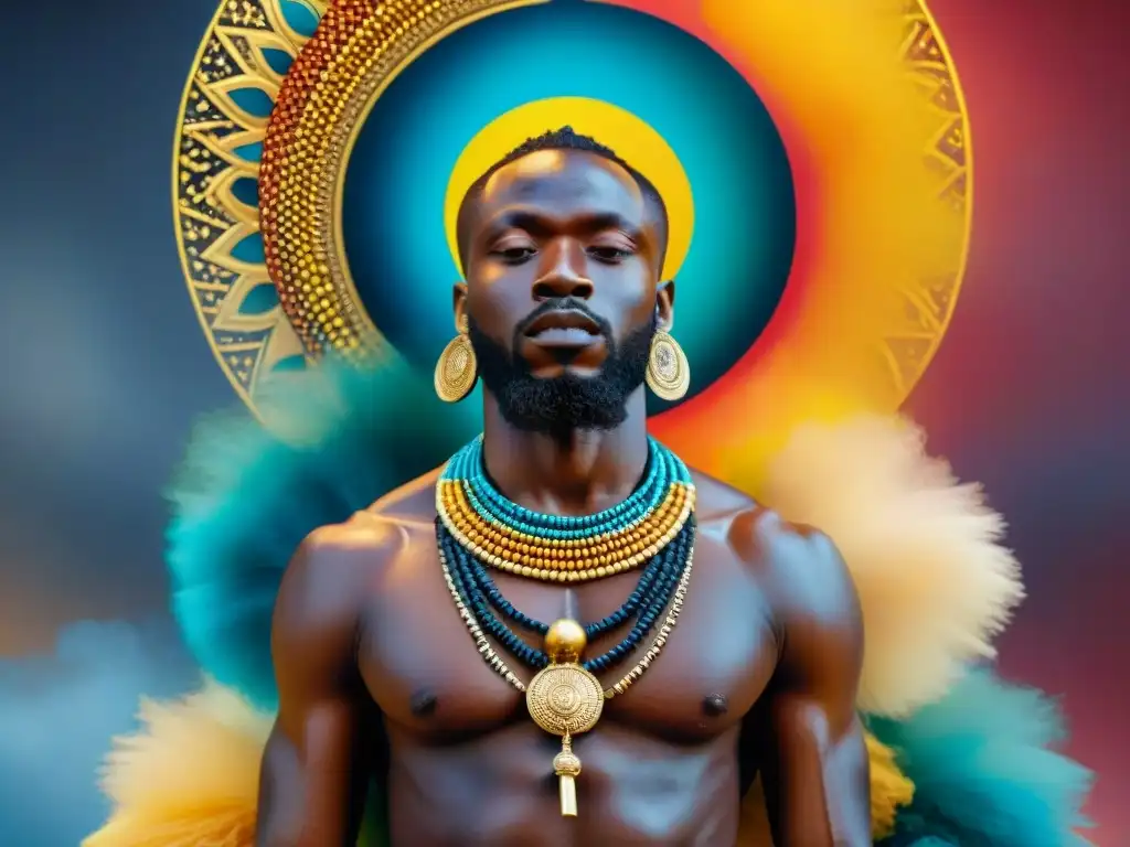 Un artista africano moderno reinterpretando el arte religioso africano con una pintura mural vibrante y detallada