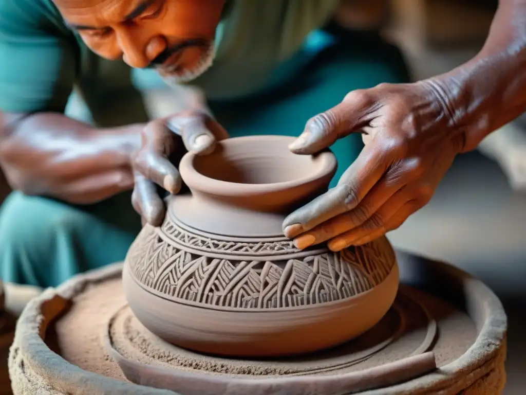 Artista ancestral moldeando cerámica, fusionando técnicas antiguas con modernidad