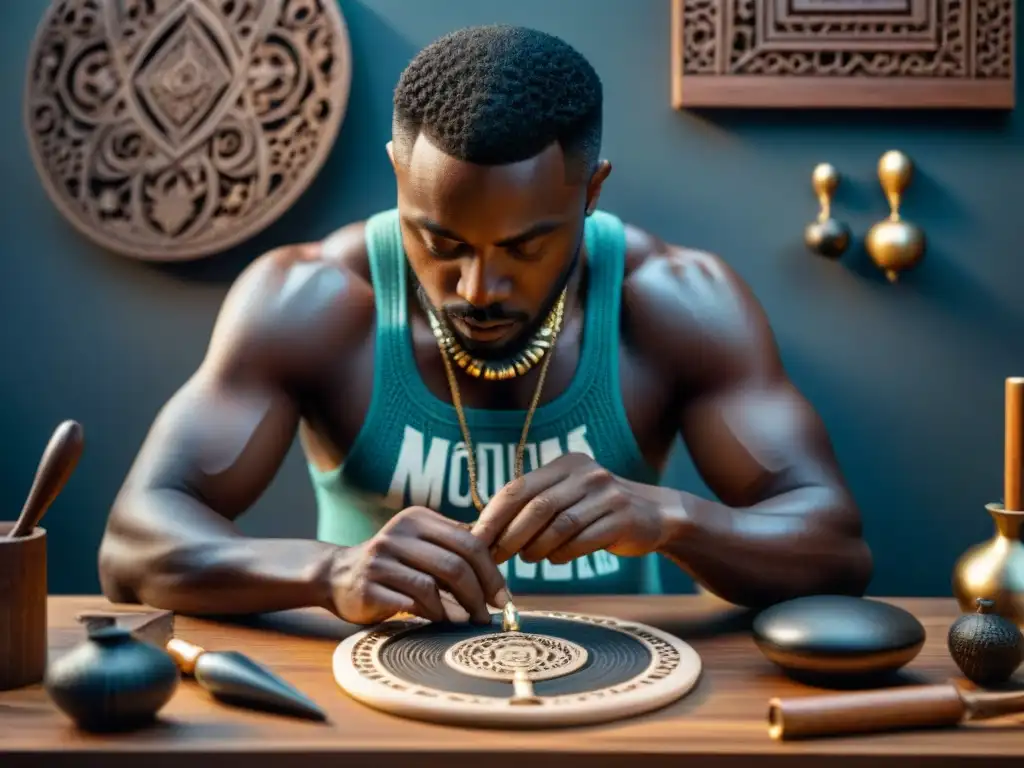 Un artista contemporáneo esculpe con detalle un amuleto de madera inspirado en diseños africanos en su estudio tenue