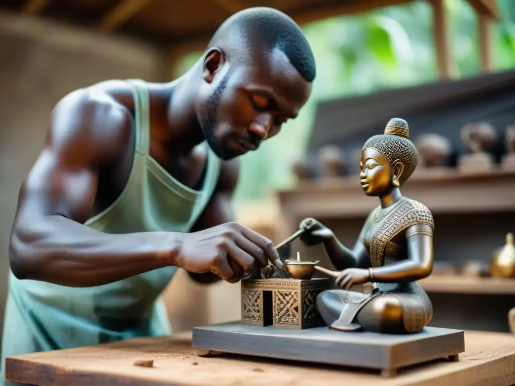 Un artista en Benín crea una escultura de bronce con detalle, mostrando la riqueza de las Esculturas de bronce de Benín