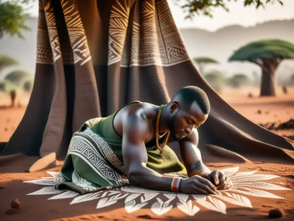 Artista en Mali pintando mudcloth bajo baobab: historia, diseño e influencia reflejados en cada trazo experto