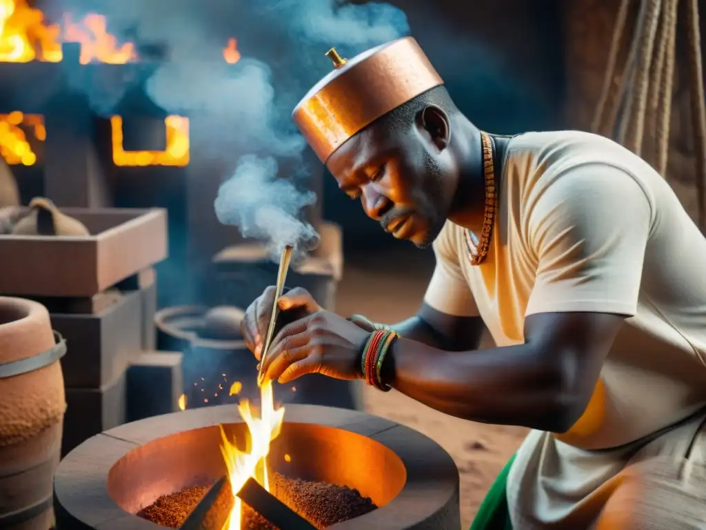 Artista del Reino de Benín creando joyería de cobre bajo el brillo cálido de un horno tradicional