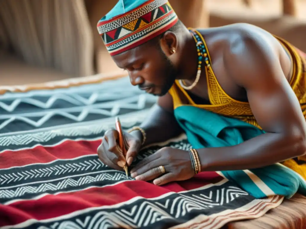 Artista de Mali pintando a mano un diseño geométrico en tela de barro: Mudcloth: historia, diseño e influencia