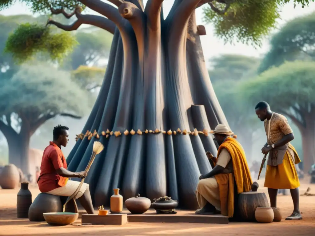 Artistas africanos esculpen una escultura bajo un baobab, fusionando influencias externas con arte africano y simbolismo