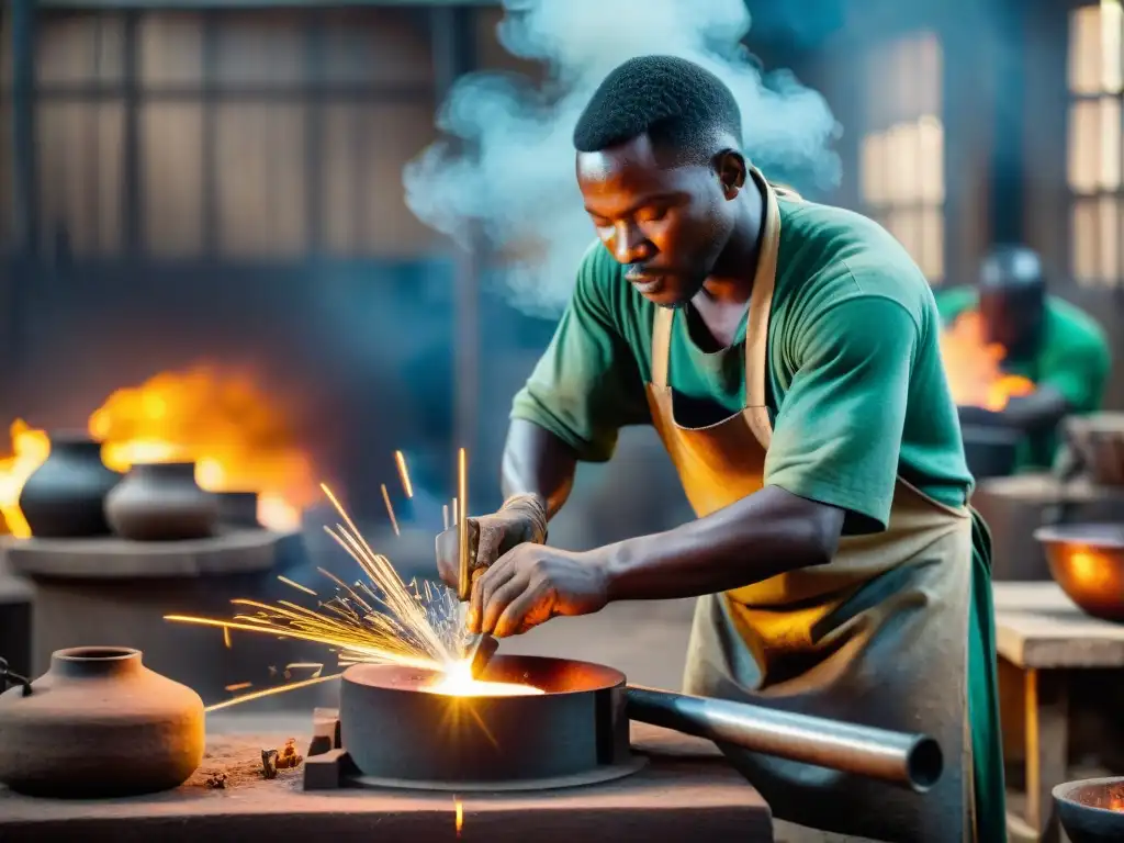 Artistas africanos expertos en metalurgia crean piezas intrincadas con herramientas tradicionales en un taller bullicioso