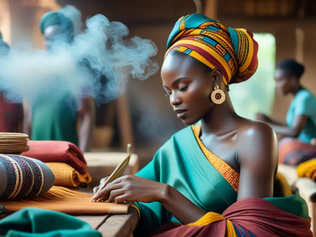 Artistas africanos creando moda ética sostenible en un taller vibrante