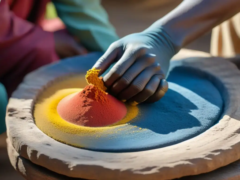 Artistas africanos preparando pigmentos antiguos en civilizaciones africanas, mezclando colores vibrantes en piedra rústica bajo la luz cálida del sol