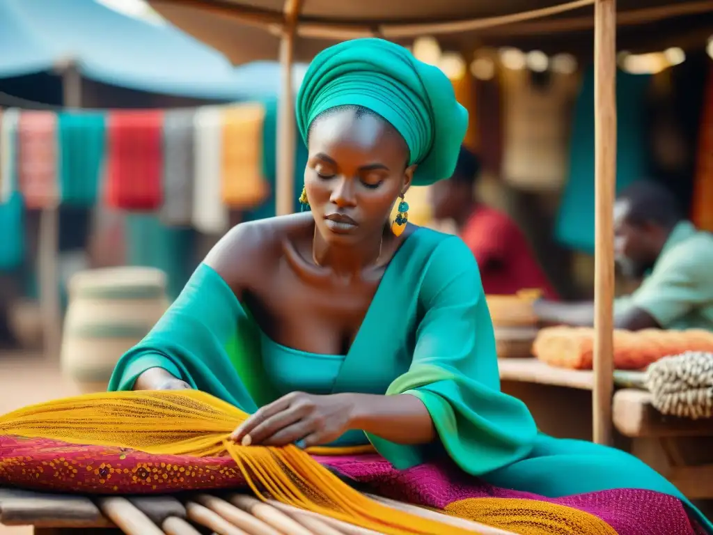 Artistas africanos tejiendo textiles vibrantes en mercado al aire libre