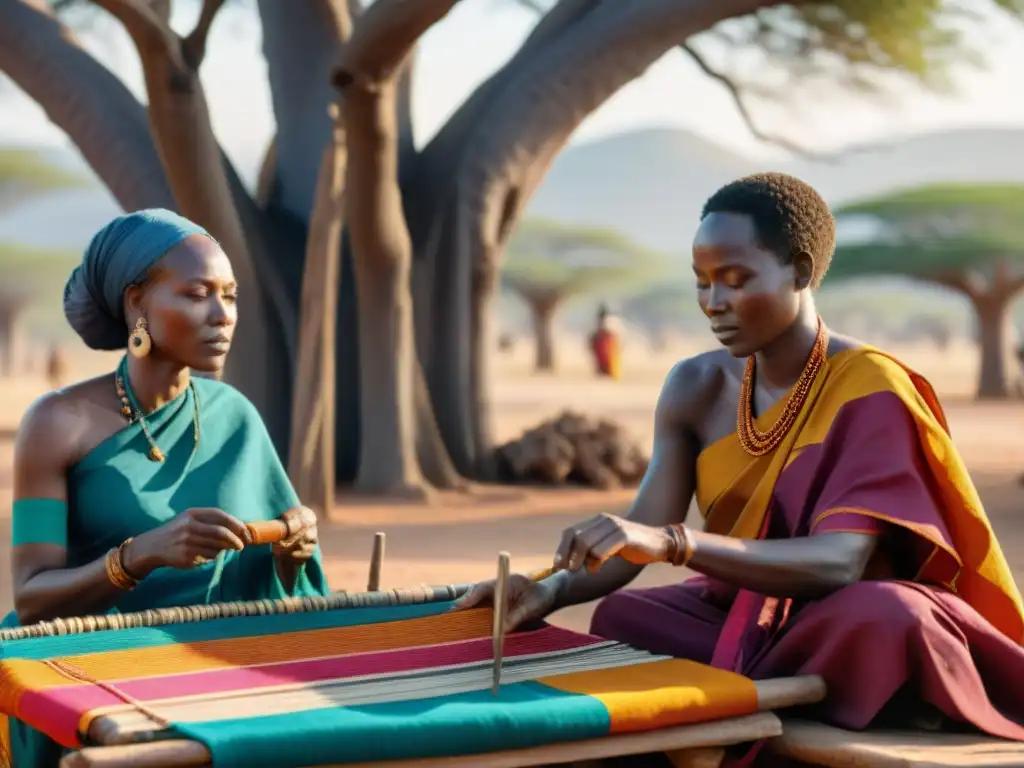 Artistas africanos tejiendo textiles vibrantes bajo un baobab al atardecer