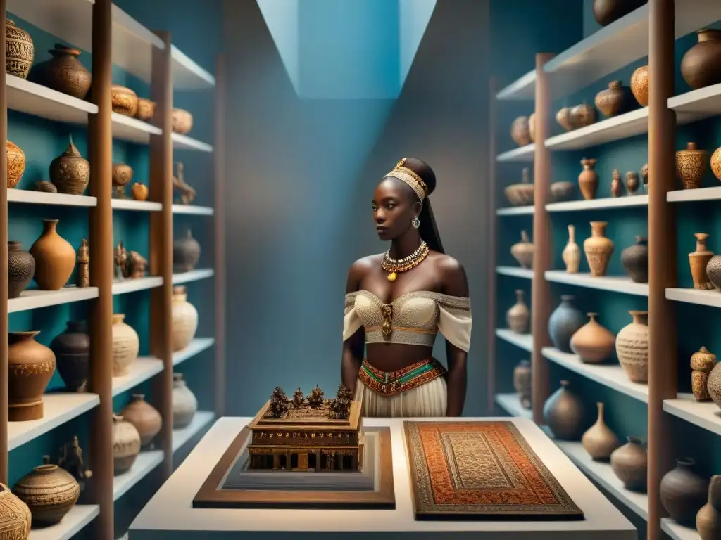 Artistas europeos estudian esculturas africanas en sala iluminada, reflejando el comercio africano en el Renacimiento