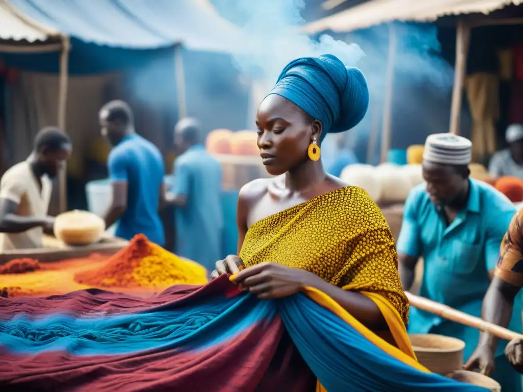 Artistas en mercado de Accra tiñen telas africanas con vibrantes colores, reflejando el significado de los colores en el arte africano