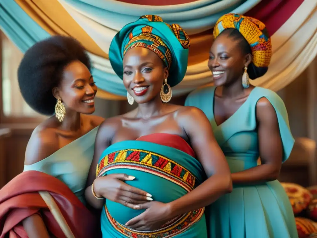 Representación artística de un nacimiento en la vida africana con mujeres vestidas de forma tradicional celebrando al recién nacido