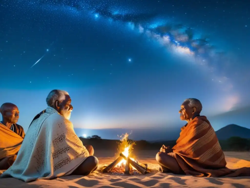 Una asamblea de ancianos indígenas africanos en ceremonia espiritual alrededor de una fogata bajo el cielo estrellado