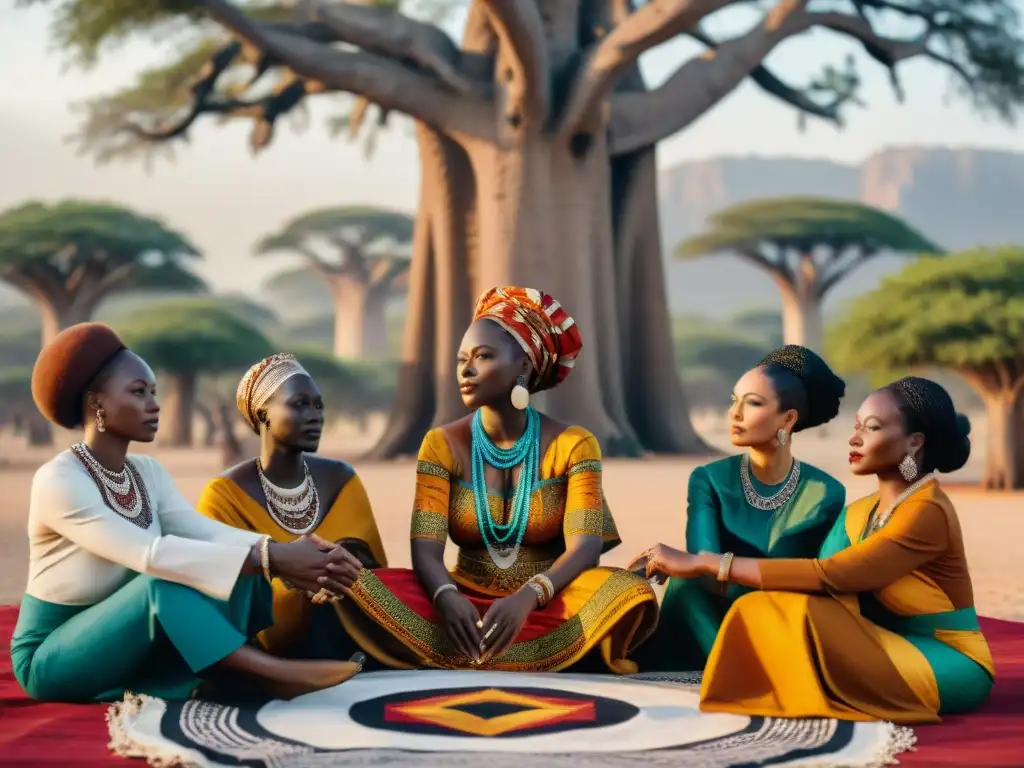 Una asamblea de poderosas líderes africanas de diferentes reinos bajo un baobab discuten, rodeadas de historia y sabiduría