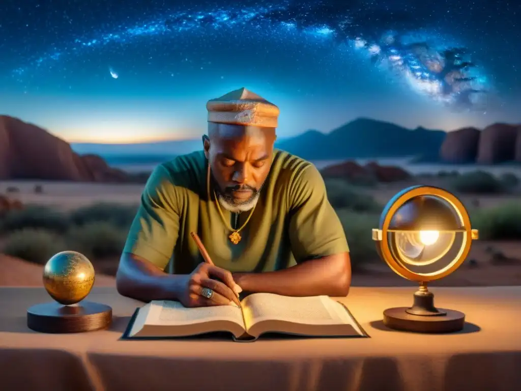 Un astrólogo africano estudia antiguos manuscritos bajo un cielo estrellado, fusionando astrología africana e influencia en astronomía moderna