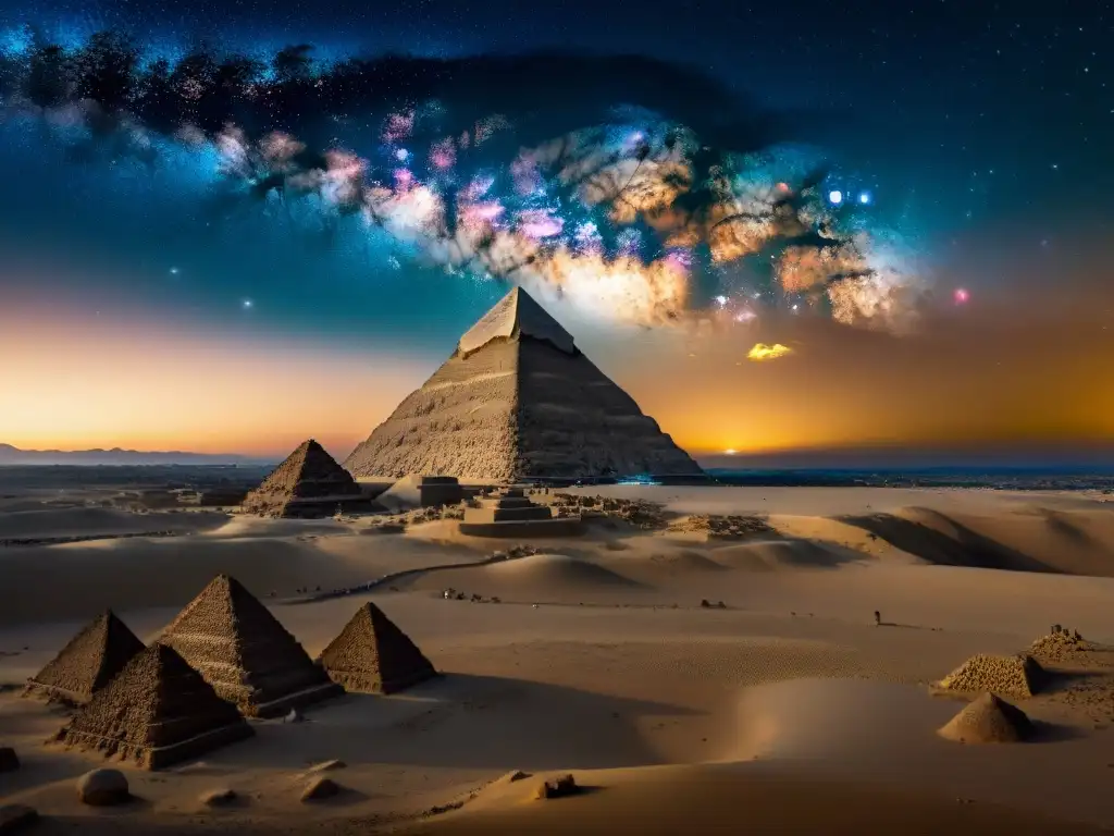 Astronomía en Egipto y Nubia: La majestuosa pirámide de Giza se yergue bajo un cielo estrellado, evocando un vínculo ancestral con las estrellas