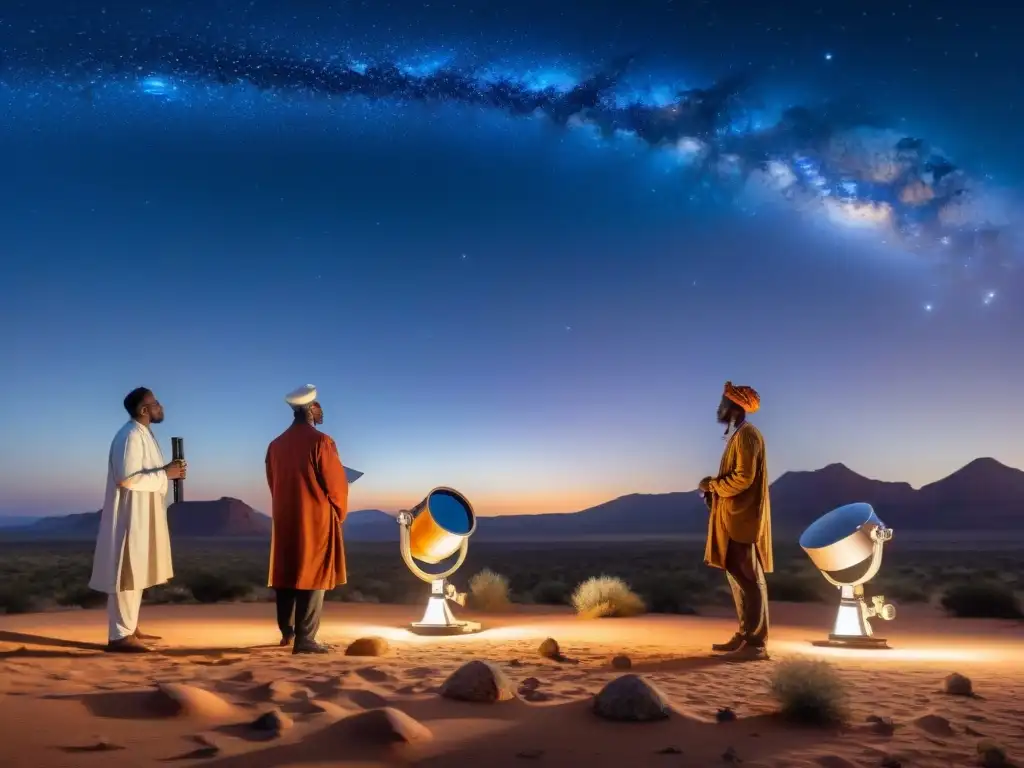 Astrónomos africanos en desierto estrellado, fusionando astrología africana con astronomía moderna