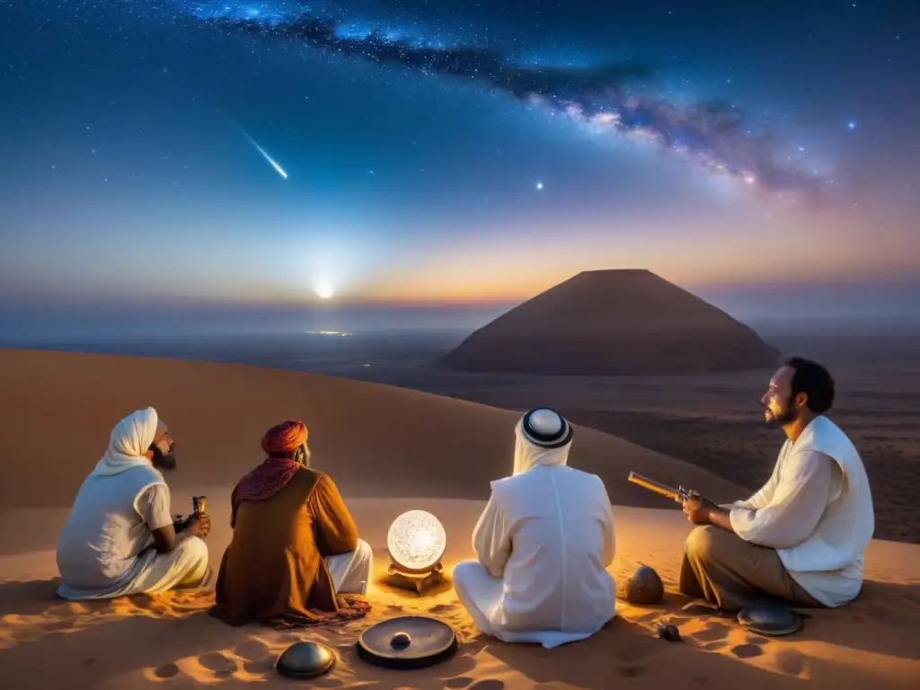 Astrónomos antiguos del Cuerno de África observando el cielo nocturno con asombro y concentración en un paisaje desértico estrellado