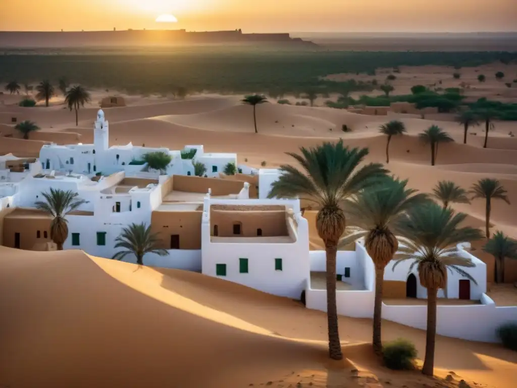 Atardecer en la antigua ciudad de Ghadames en el desierto de Libia, resaltando su arquitectura y cultura únicas