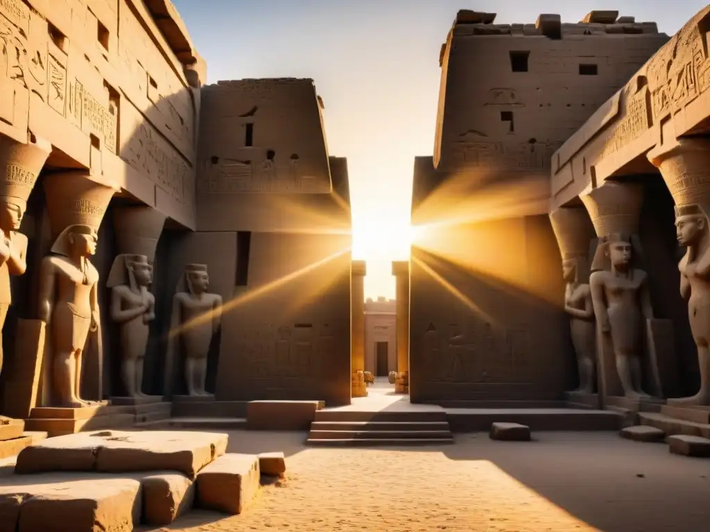 Atardecer dorado en el Templo de Karnak: majestuosidad egipcia Atardecer dorado sobre el majestuoso Templo de Karnak en Luxor, Egipto