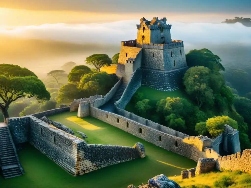 Un atardecer dorado ilumina las Ruinas de Great Zimbabwe, mostrando su arquitectura detallada y la vastedad de la antigua ciudad