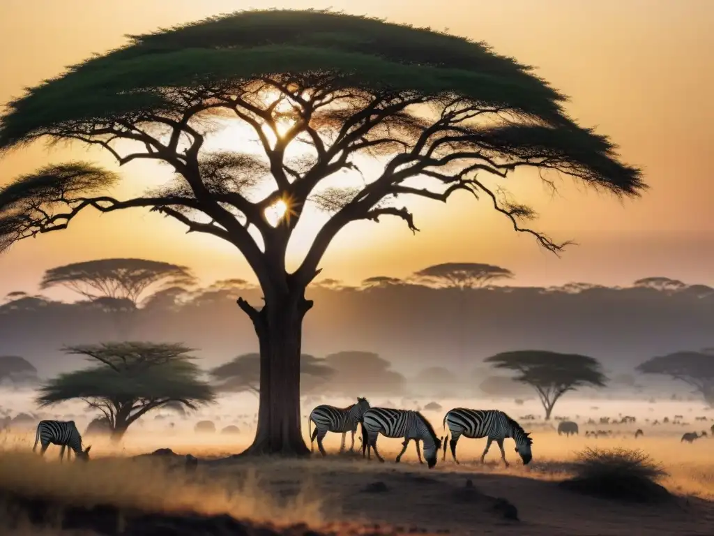 Resistencia y armonía en la sabana africana al atardecer Un atardecer dorado en la sabana africana: árbol solitario, persona resistente, zebras en armonía
