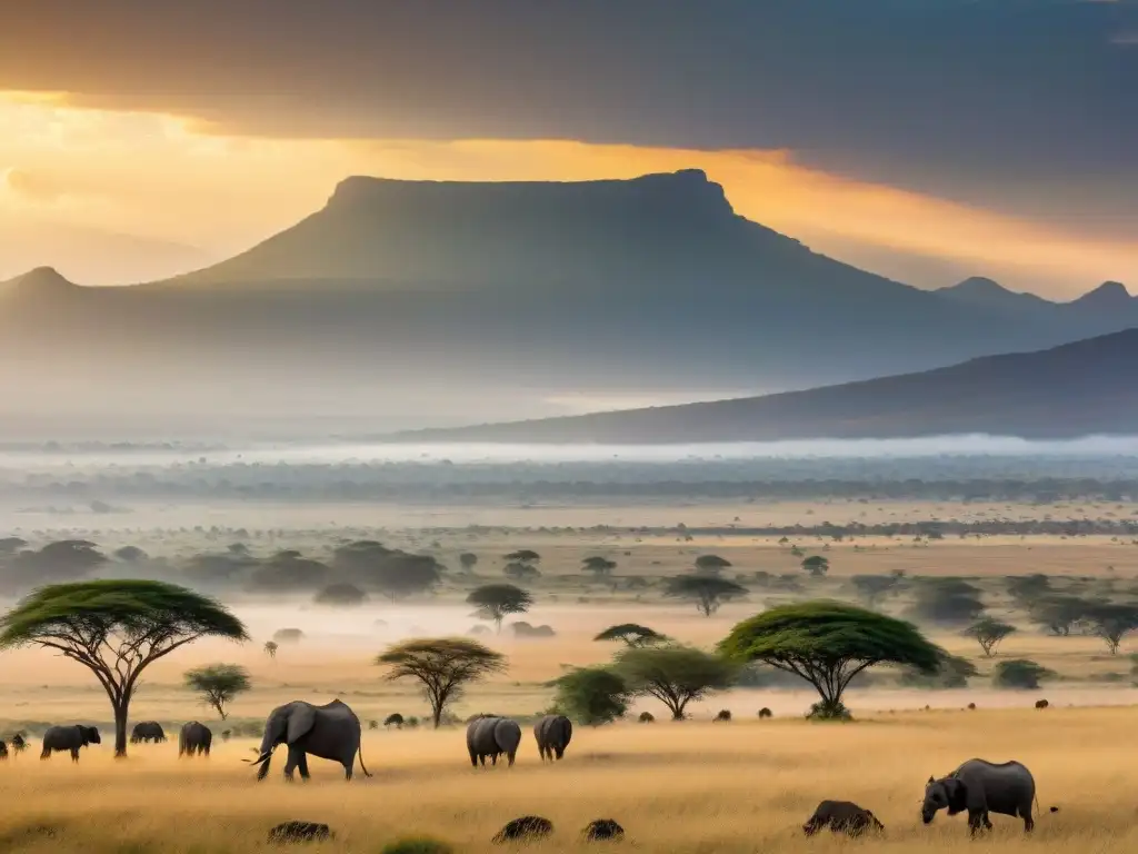 Atardecer dorado sobre el Valle del Rift en África, con fauna salvaje y acacias