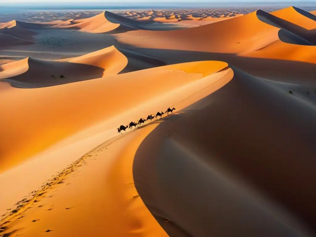 Un atardecer impresionante en el vasto desierto del Sahara, con dunas doradas y una caravana de camellos