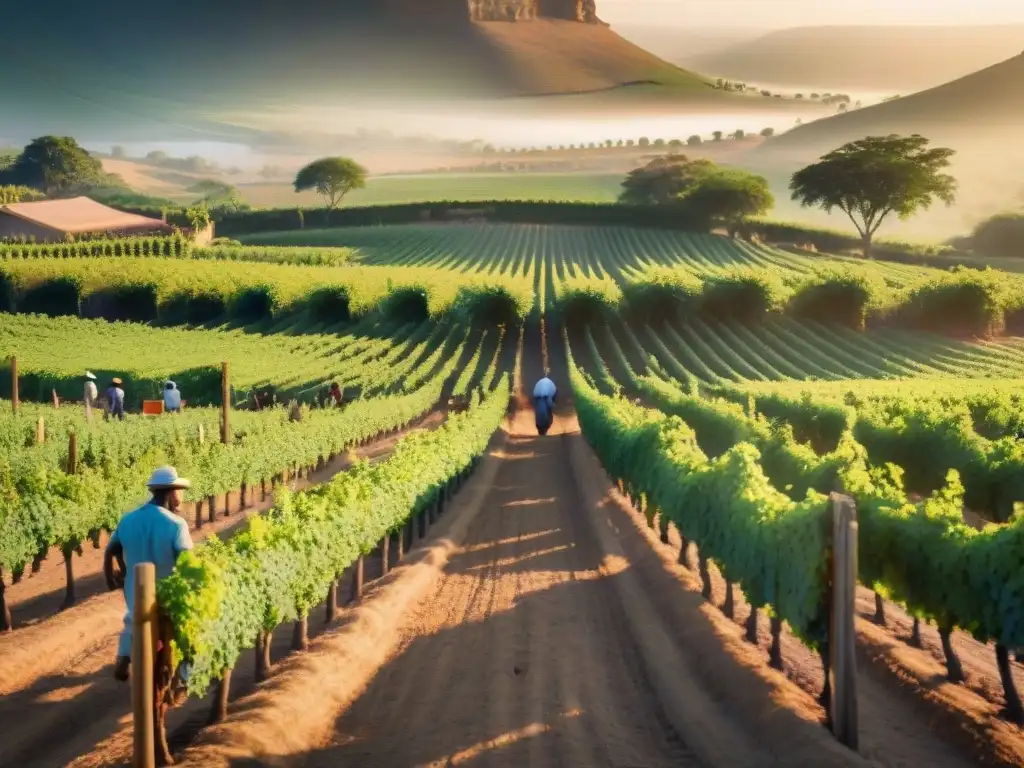 Un atardecer mágico en una vinícola africana, con trabajadores cosechando uvas bajo el sol, fusionando tradición y mercado global