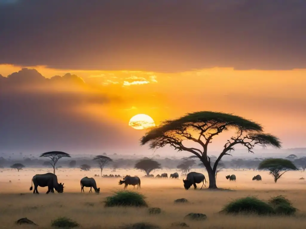 Un atardecer majestuoso sobre las llanuras del Serengeti, con siluetas de árboles y fauna, transmitiendo la belleza y diversidad del paisaje africano