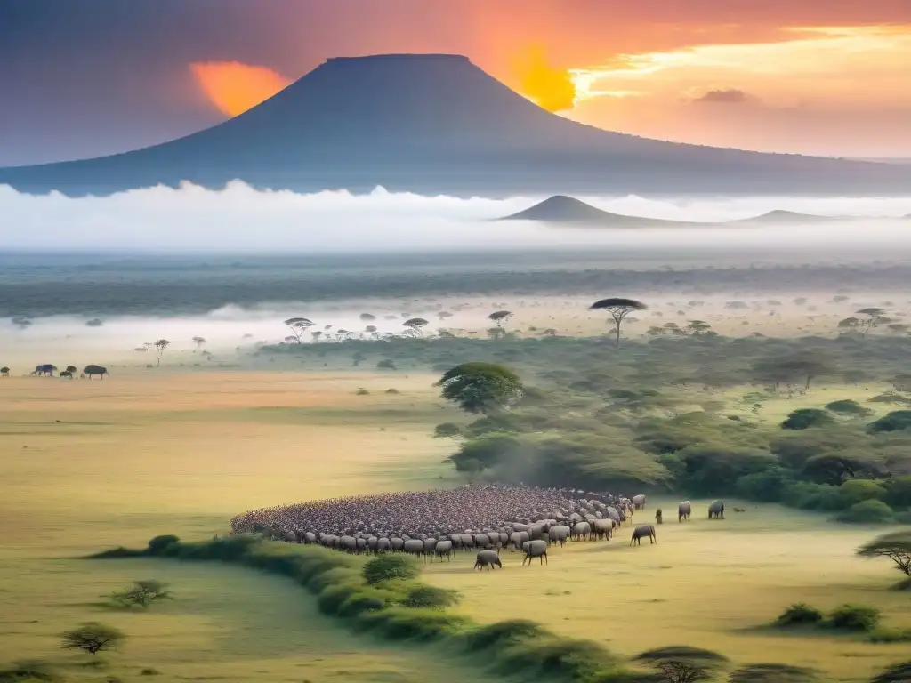 Un atardecer majestuoso sobre el Parque Nacional del Serengeti en Tanzania, mostrando la diversa flora y fauna en África