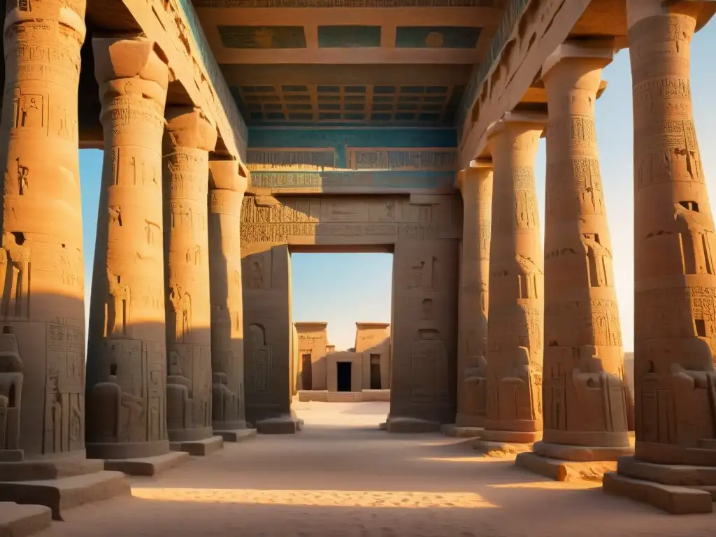Majestuosidad dorada: Templo de Dendera al atardecer Un atardecer místico en el complejo del Templo de Dendera, con jeroglíficos, columnas y una atmósfera sagrada