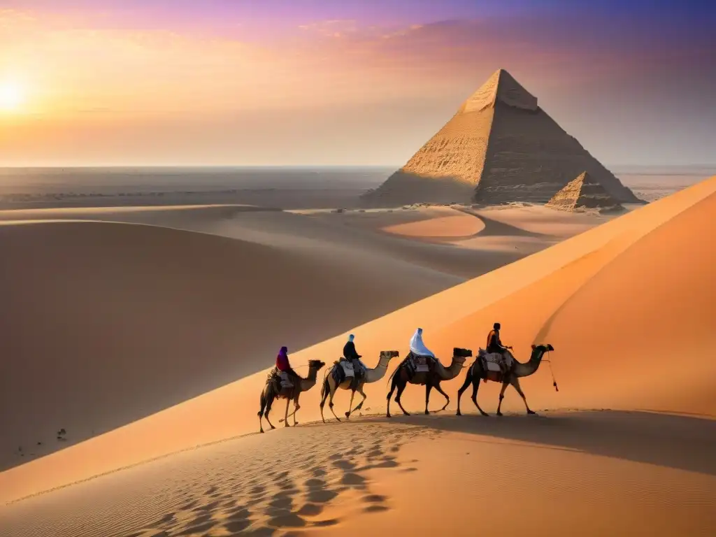 Un atardecer místico en el desierto dorado de Egipto, con las pirámides de Giza al fondo y una caravana de camellos guiada por beduinos