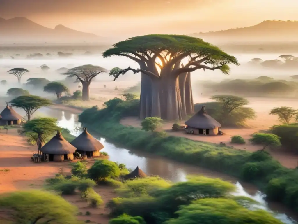 Atardecer en la sabana africana con baobabs y río reflejando el sol, una aldea africana al fondo