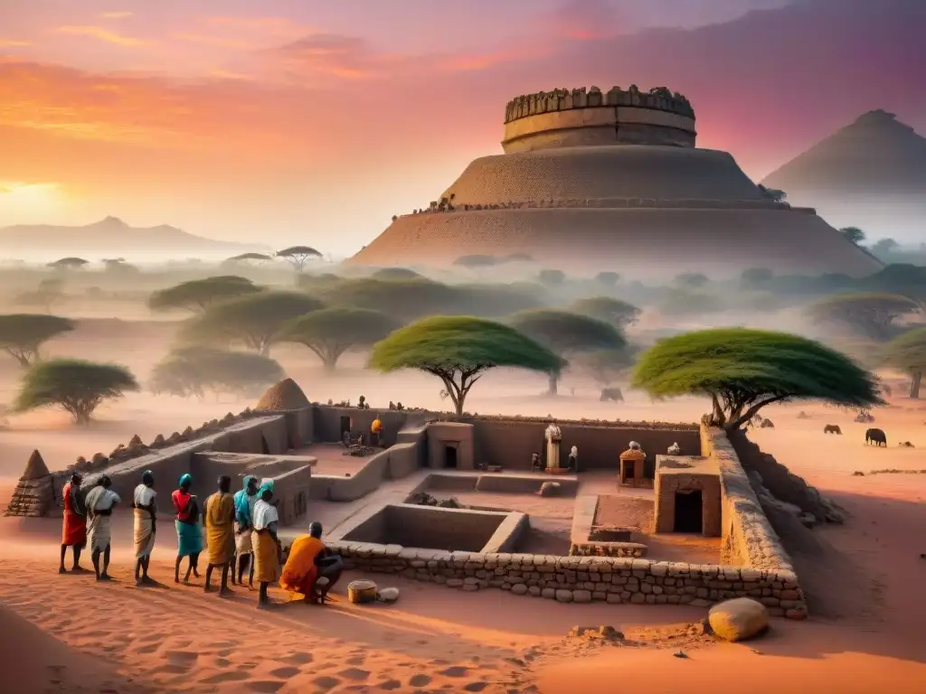 Excavación en sitio arqueológico al atardecer en África: pasado y presente Un atardecer en un sitio arqueológico africano, donde arqueólogos excavan y tribus locales observan